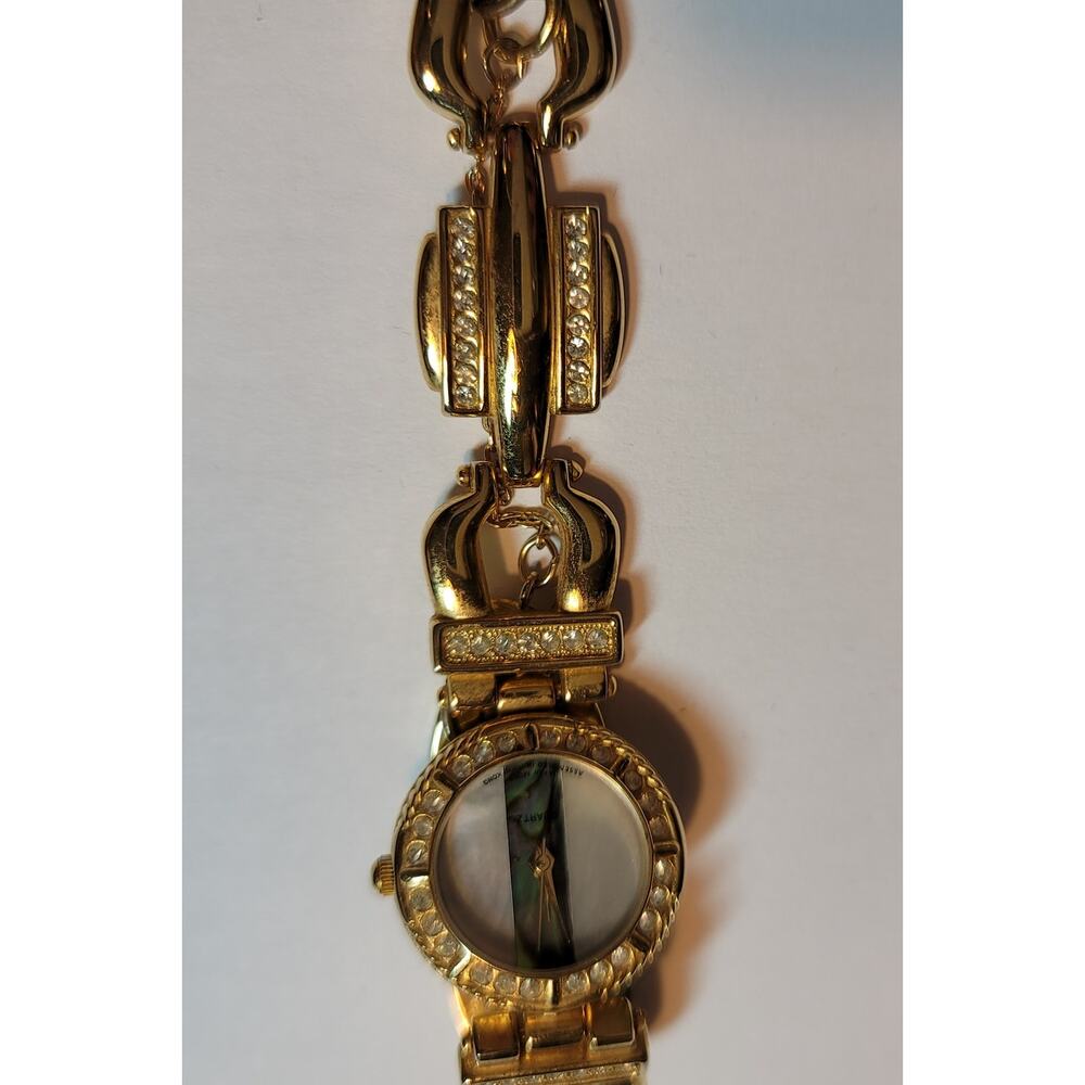 Art Deco Ladies Watch Rhinestones Abalone Green Gold Modified to fit Large Wrist
